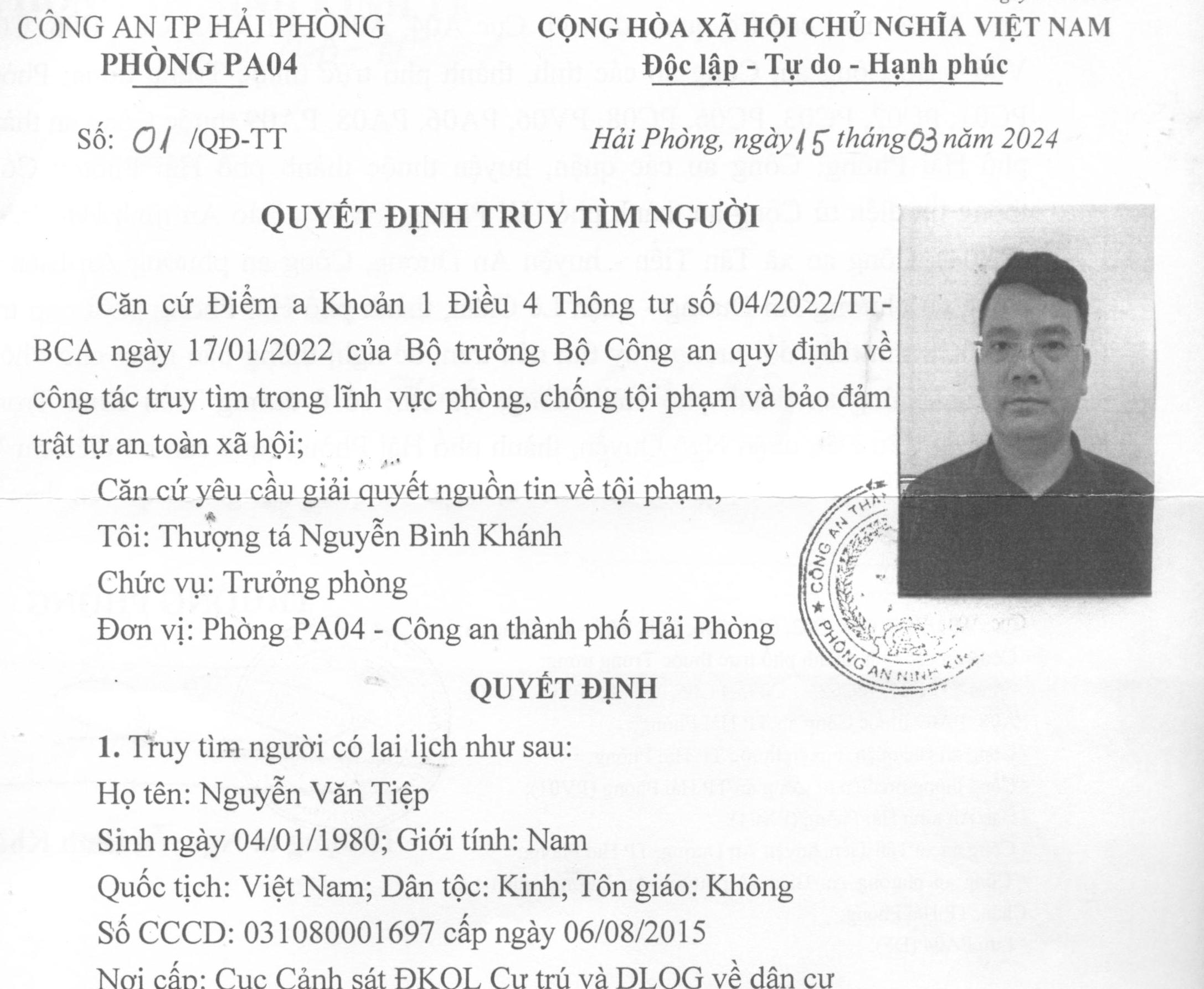 Phòng An ninh Kinh tế truy tìm người để phục vụ yêu cầu giải quyết nguồn tin về tội phạm